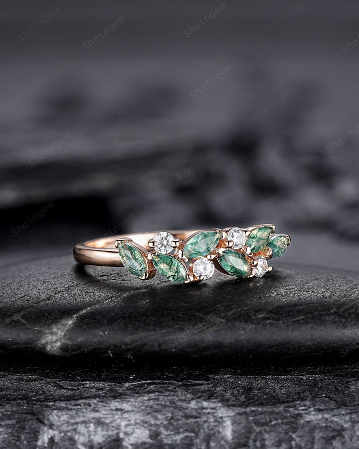 Nature Inspired Marquise Moss Agate Engagement Ring, Rose gold Matching Band, Half Eternity Wedding Band, Promise Ring Enhancer for Women - ShainJewelry