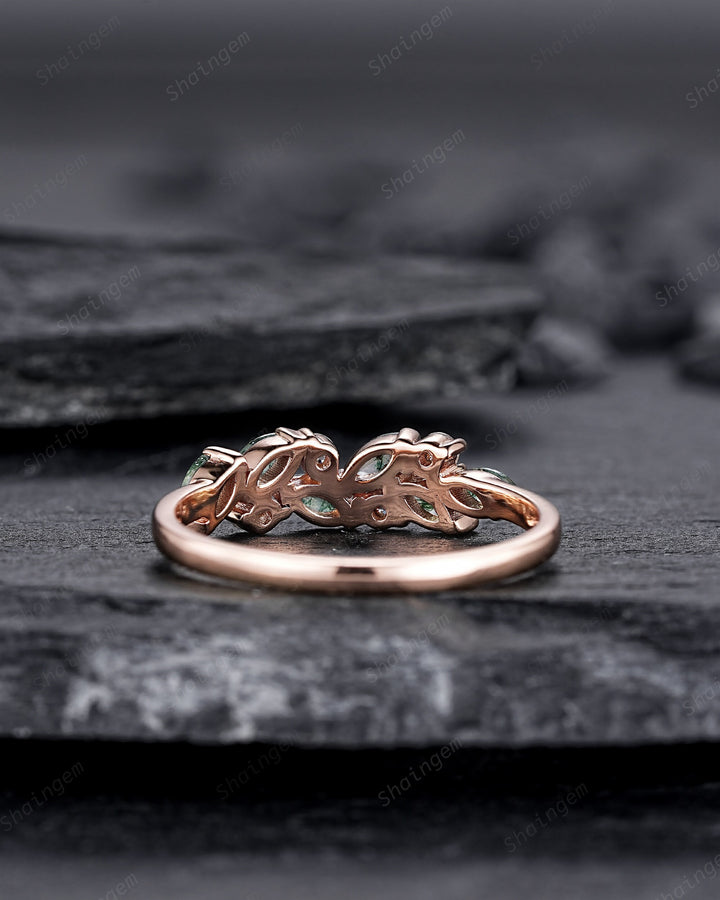 Nature Inspired Marquise Moss Agate Engagement Ring, Rose gold Matching Band, Half Eternity Wedding Band, Promise Ring Enhancer for Women - ShainJewelry