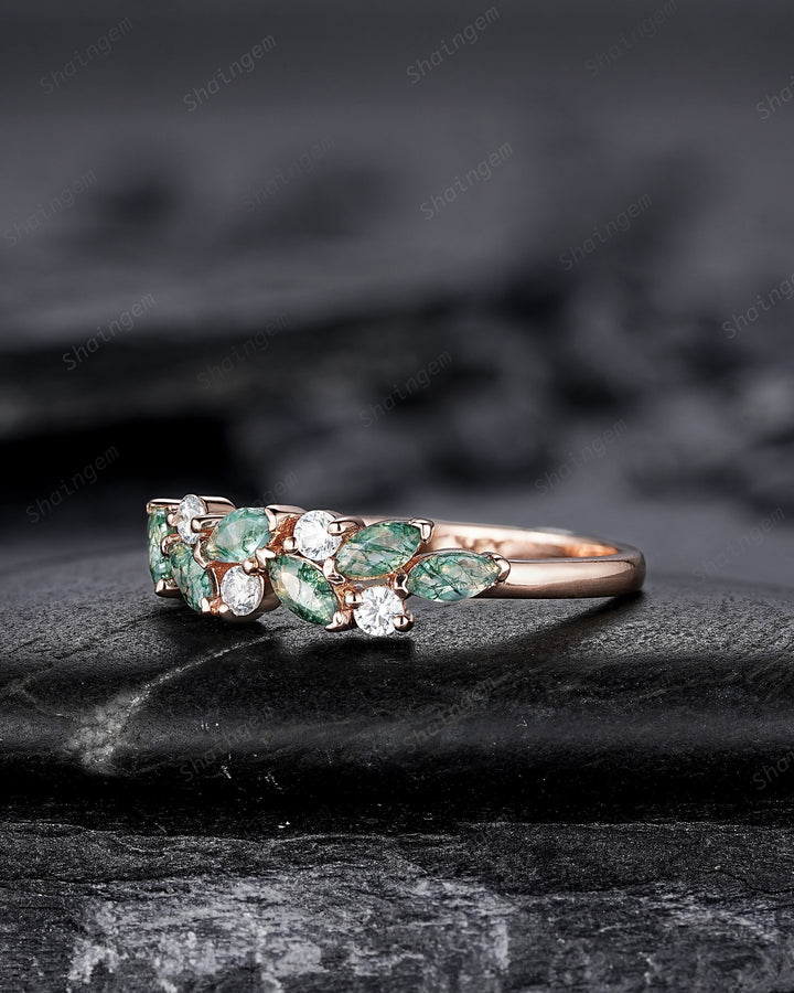 Nature Inspired Marquise Moss Agate Engagement Ring, Rose gold Matching Band, Half Eternity Wedding Band, Promise Ring Enhancer for Women - ShainJewelry