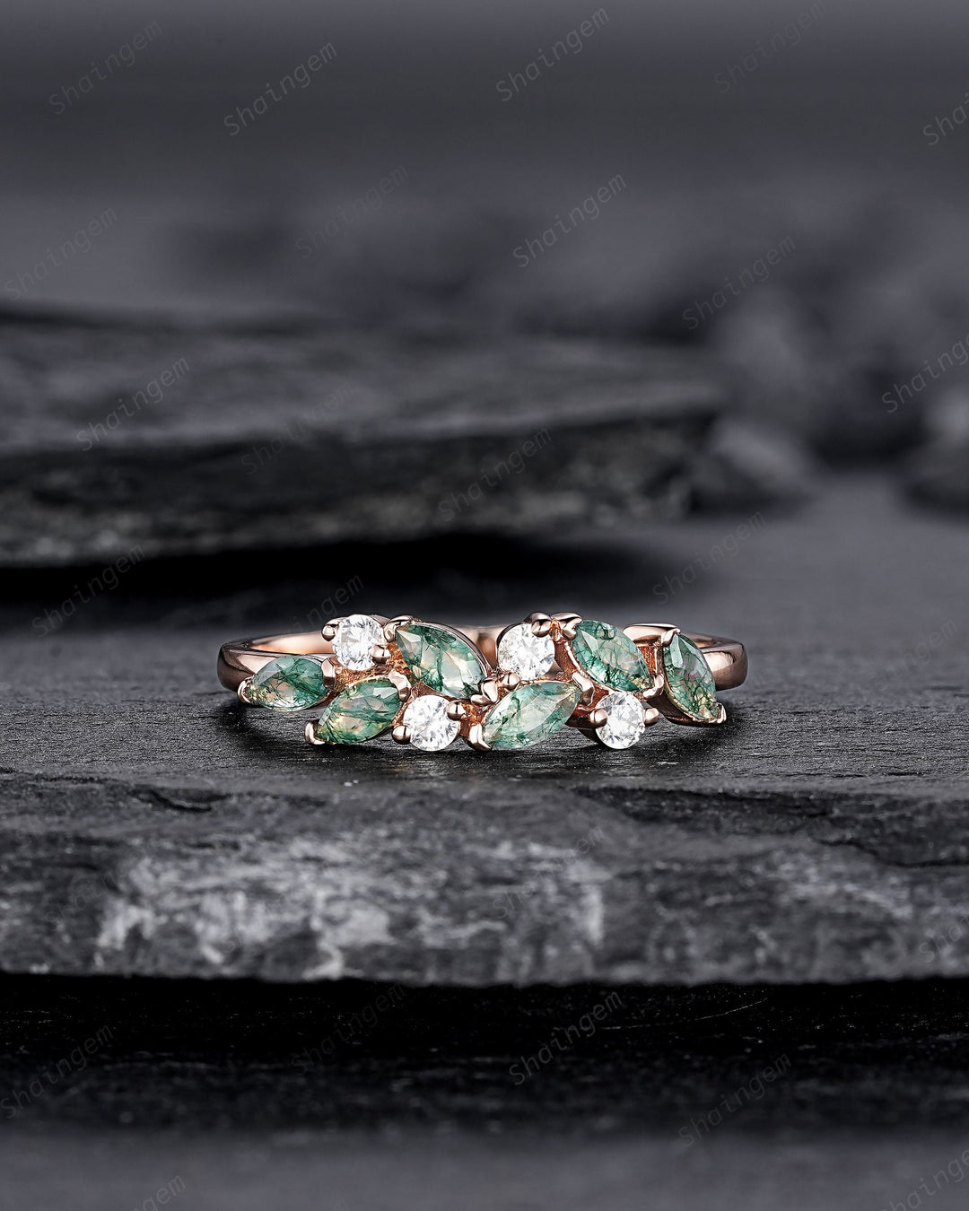 Nature Inspired Marquise Moss Agate Engagement Ring, Rose gold Matching Band, Half Eternity Wedding Band, Promise Ring Enhancer for Women - ShainJewelry