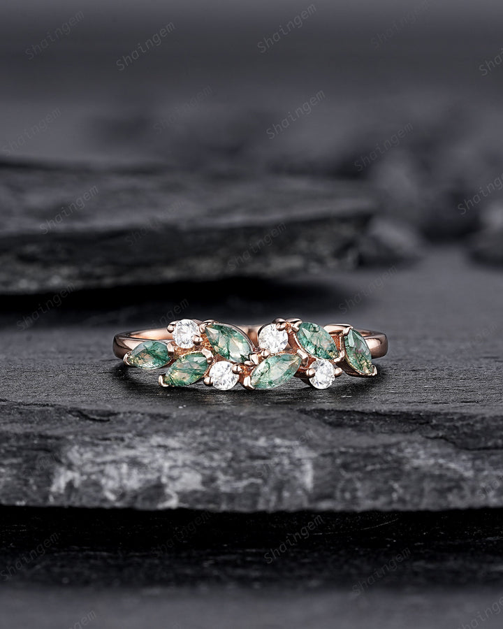 Nature Inspired Marquise Moss Agate Engagement Ring, Rose gold Matching Band, Half Eternity Wedding Band, Promise Ring Enhancer for Women - ShainJewelry