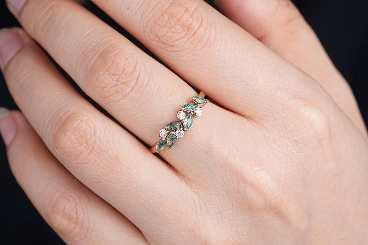 Nature Inspired Marquise Moss Agate Engagement Ring, Rose gold Matching Band, Half Eternity Wedding Band, Promise Ring Enhancer for Women - ShainJewelry