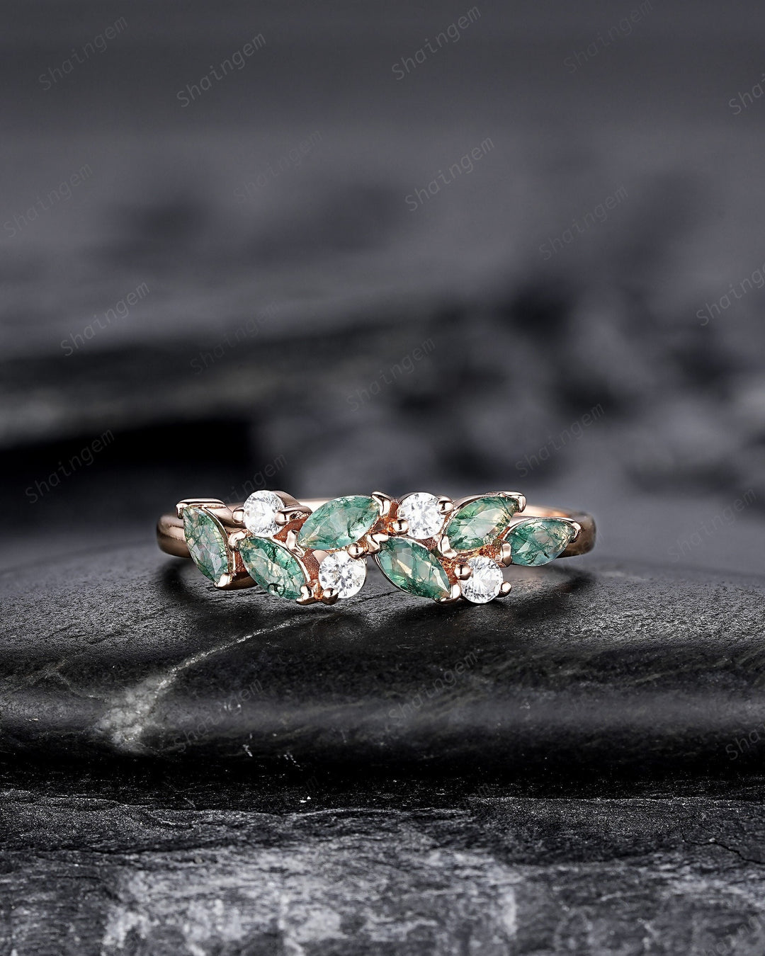 Nature Inspired Marquise Moss Agate Engagement Ring, Rose gold Matching Band, Half Eternity Wedding Band, Promise Ring Enhancer for Women - ShainJewelry