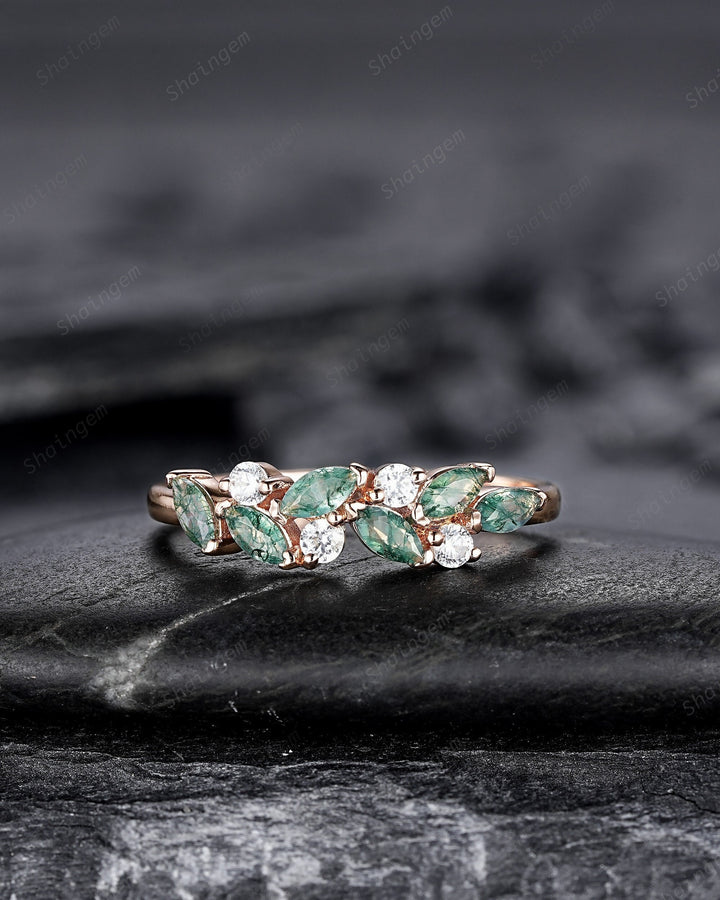 Nature Inspired Marquise Moss Agate Engagement Ring, Rose gold Matching Band, Half Eternity Wedding Band, Promise Ring Enhancer for Women - ShainJewelry