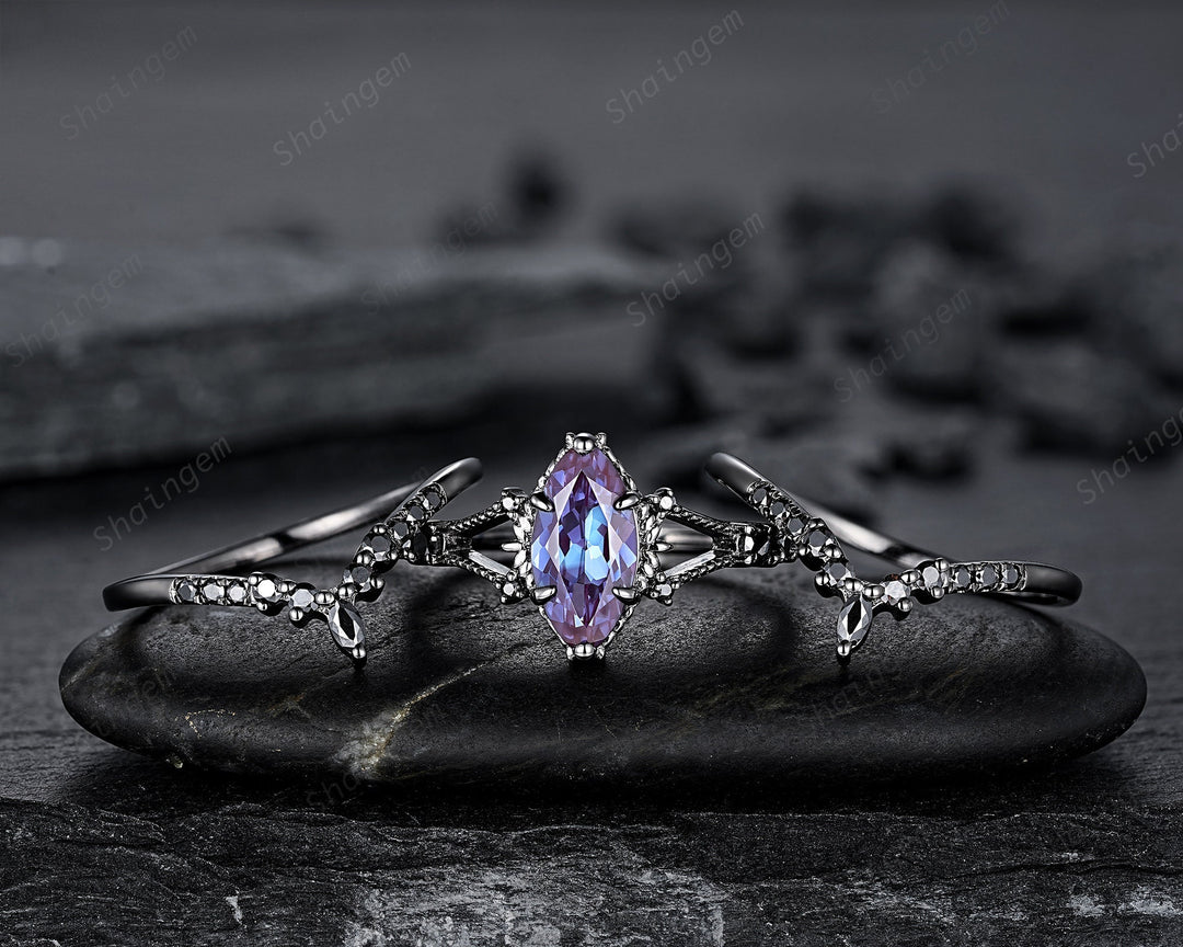 Black Gold 3PCS Marquise Cut Alexandrite Engagement Ring Set, Gothic Punk Bridal Set, Black Rhodium Wedding Set, Black Promise Ring Gift - ShainJewelry