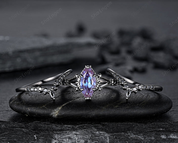 Black Gold 3PCS Marquise Cut Alexandrite Engagement Ring Set, Gothic Punk Bridal Set, Black Rhodium Wedding Set, Black Promise Ring Gift - ShainJewelry