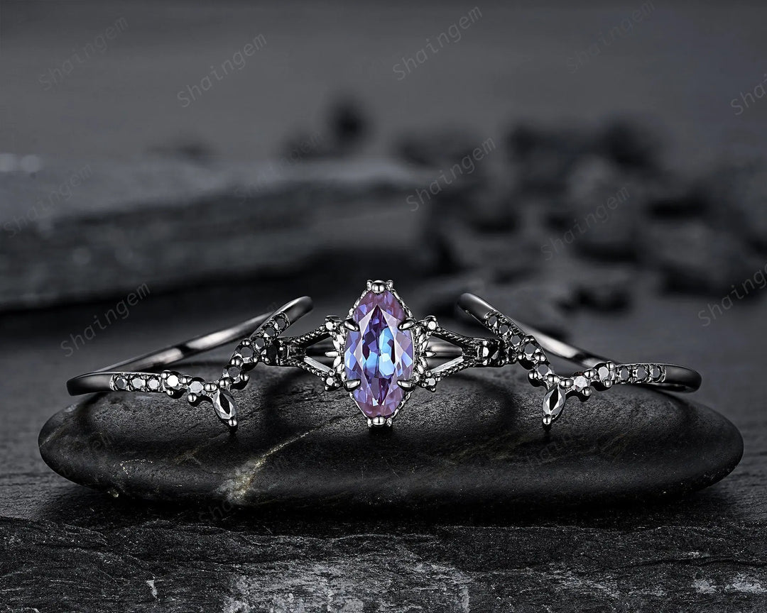 3PCS Gothic Marquise Cut Alexandrite Engagement Ring Set, Witchy Punk Bridal Set, Black Rhodium Wedding Set, Black Gold Promise Ring Gift - ShainJewelry