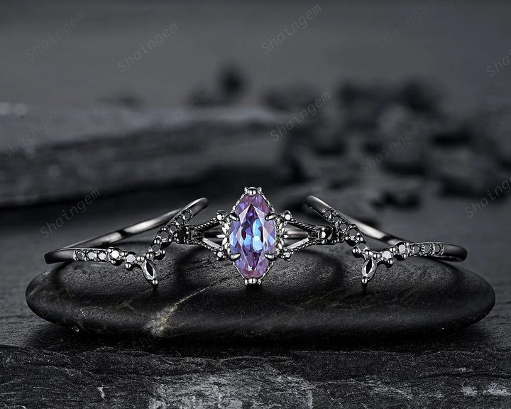 3PCS Gothic Marquise Cut Alexandrite Engagement Ring Set, Witchy Punk Bridal Set, Black Rhodium Wedding Set, Black Gold Promise Ring Gift - ShainJewelry