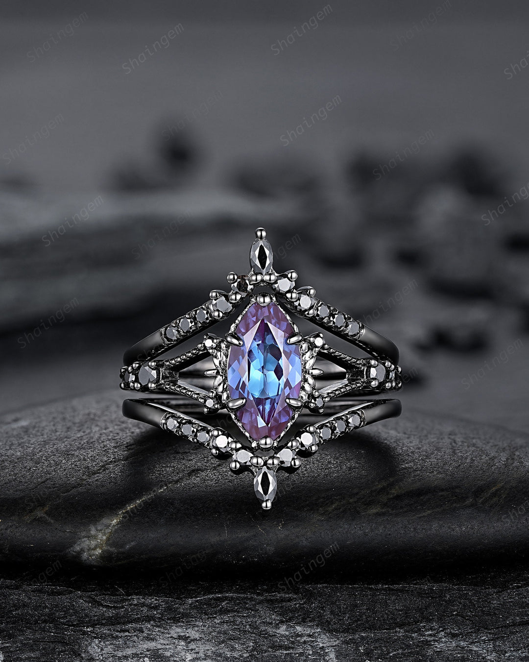 Black Gold 3PCS Marquise Cut Alexandrite Engagement Ring Set, Gothic Punk Bridal Set, Black Rhodium Wedding Set, Black Promise Ring Gift - ShainJewelry