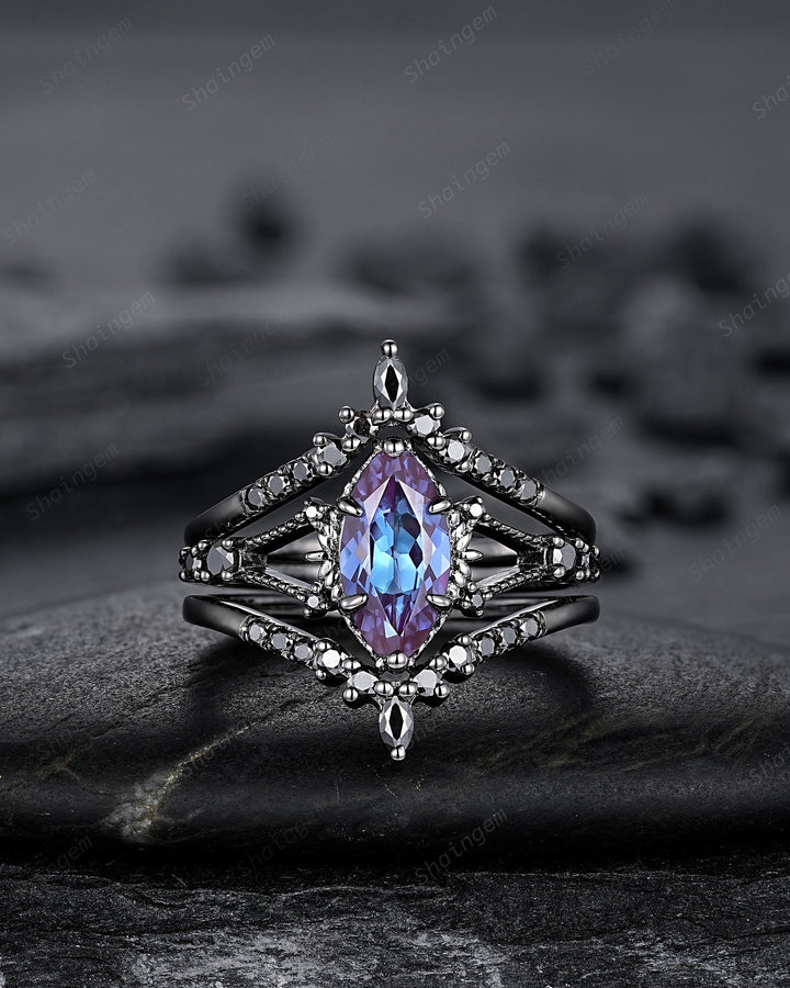 Black Gold 3PCS Marquise Cut Alexandrite Engagement Ring Set, Gothic Punk Bridal Set, Black Rhodium Wedding Set, Black Promise Ring Gift - ShainJewelry