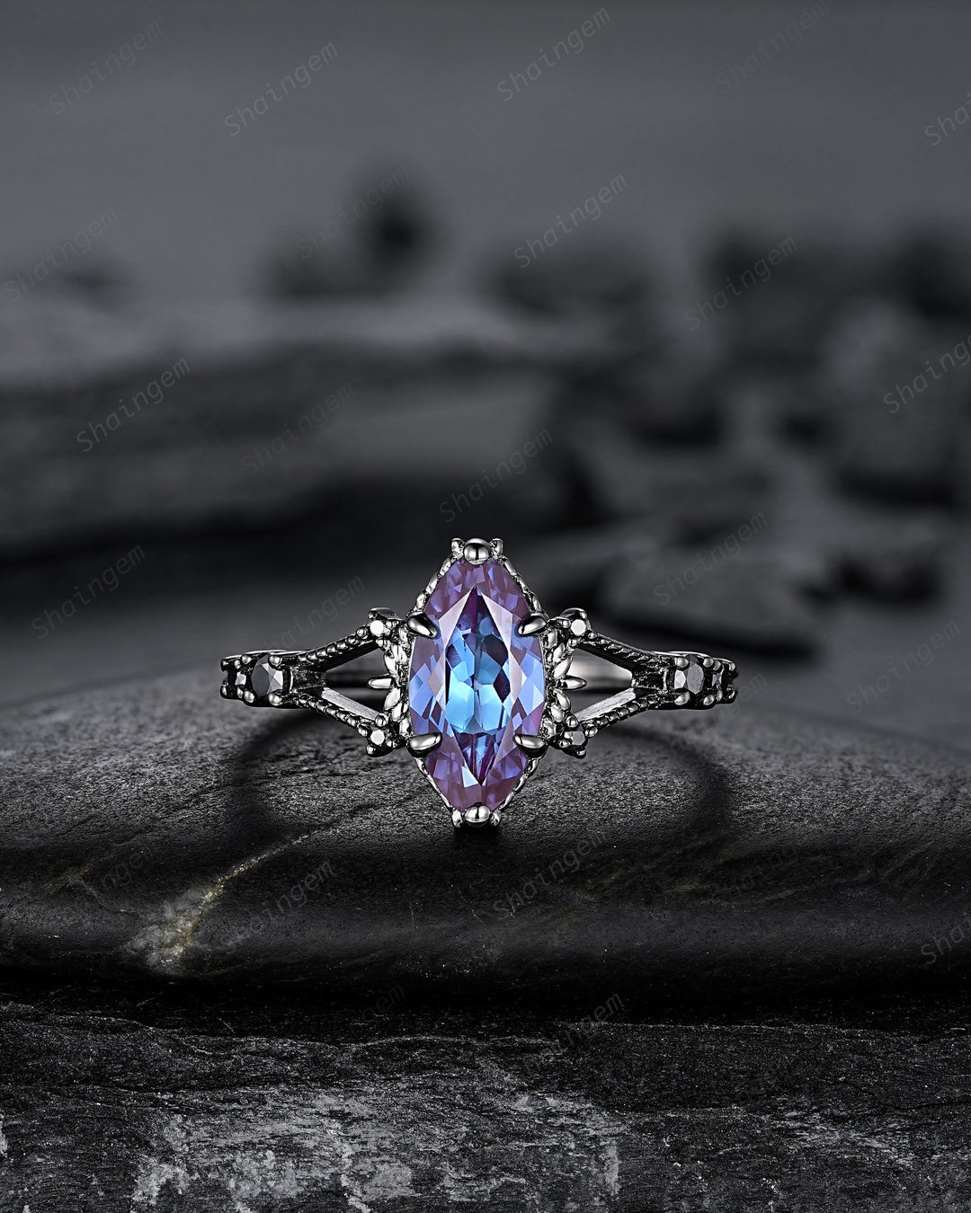 Black Gold 3PCS Marquise Cut Alexandrite Engagement Ring Set, Gothic Punk Bridal Set, Black Rhodium Wedding Set, Black Promise Ring Gift - ShainJewelry