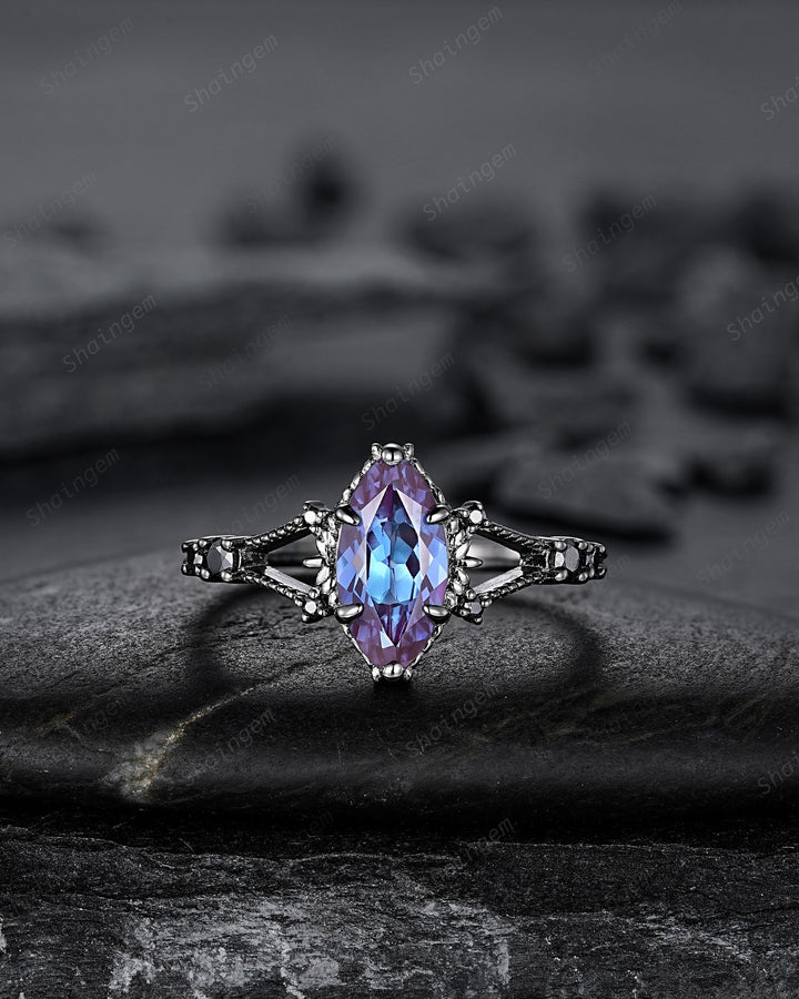 Black Gold 3PCS Marquise Cut Alexandrite Engagement Ring Set, Gothic Punk Bridal Set, Black Rhodium Wedding Set, Black Promise Ring Gift - ShainJewelry