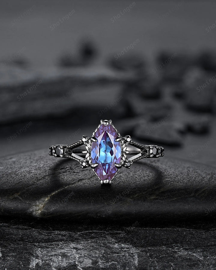 3PCS Gothic Marquise Cut Alexandrite Engagement Ring Set, Witchy Punk Bridal Set, Black Rhodium Wedding Set, Black Gold Promise Ring Gift - ShainJewelry