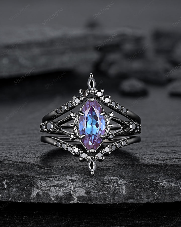 Black Gold 3PCS Marquise Cut Alexandrite Engagement Ring Set, Gothic Punk Bridal Set, Black Rhodium Wedding Set, Black Promise Ring Gift - ShainJewelry