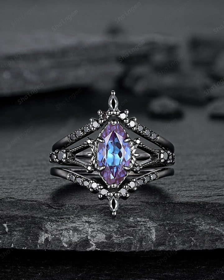 3PCS Gothic Marquise Cut Alexandrite Engagement Ring Set, Witchy Punk Bridal Set, Black Rhodium Wedding Set, Black Gold Promise Ring Gift - ShainJewelry