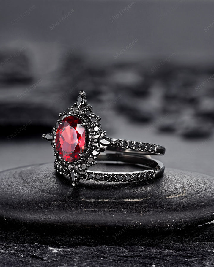 Gothic Oval Shape Rhodolite Garnet Halo Engagement Ring, Rhodium Black PeekaBoo Setting Promise Ring, Unique Half Eternity Dark Wedding Ring - ShainJewelry