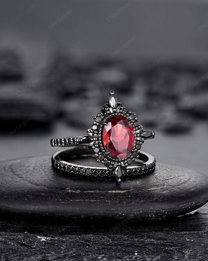 Gothic Oval Shape Rhodolite Garnet Halo Engagement Ring, Rhodium Black PeekaBoo Setting Promise Ring, Unique Half Eternity Dark Wedding Ring - ShainJewelry