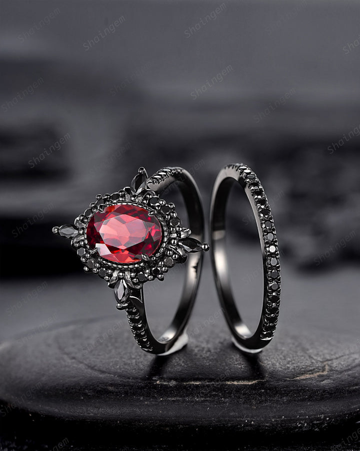 Gothic Oval Shape Rhodolite Garnet Halo Engagement Ring, Rhodium Black PeekaBoo Setting Promise Ring, Unique Half Eternity Dark Wedding Ring - ShainJewelry