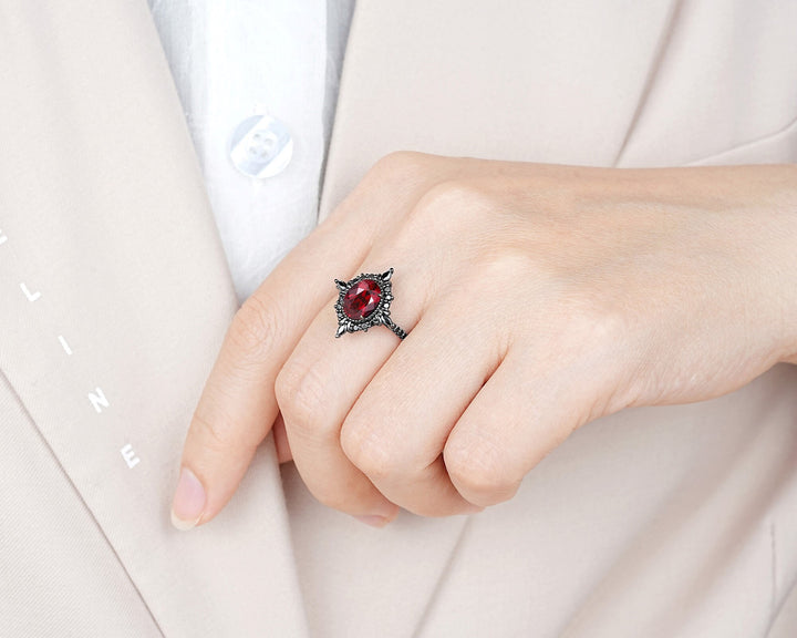 Gothic Oval Shape Rhodolite Garnet Halo Engagement Ring, Rhodium Black PeekaBoo Setting Promise Ring, Unique Half Eternity Dark Wedding Ring - ShainJewelry