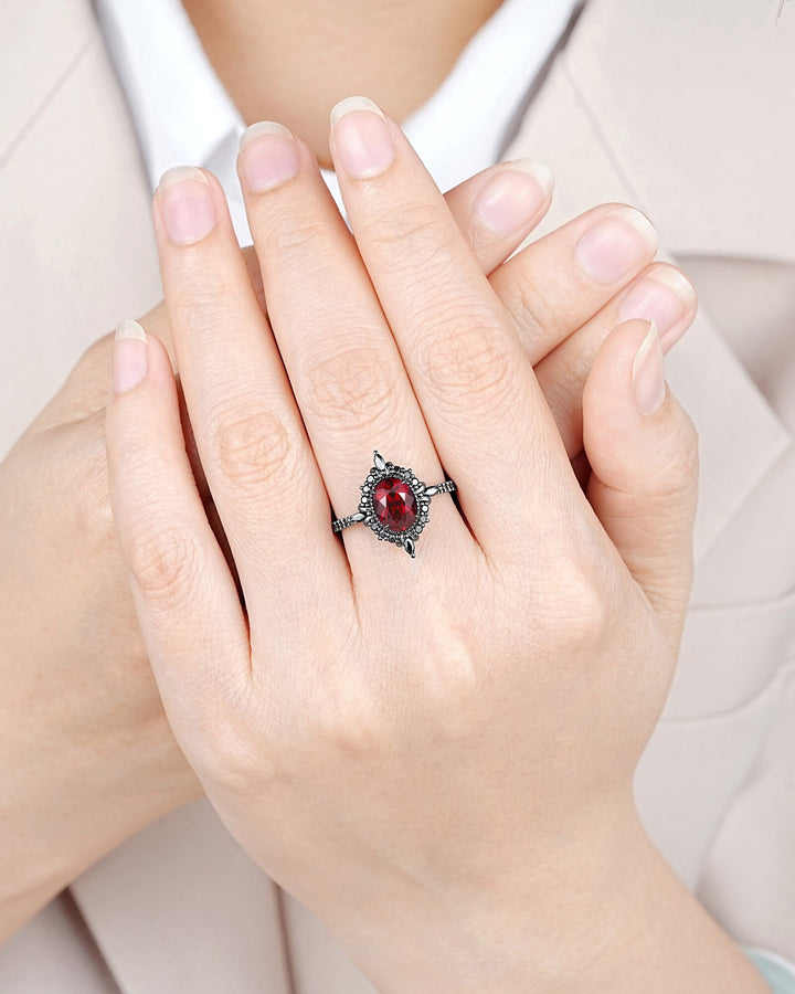 Gothic Oval Shape Rhodolite Garnet Halo Engagement Ring, Rhodium Black PeekaBoo Setting Promise Ring, Unique Half Eternity Dark Wedding Ring - ShainJewelry