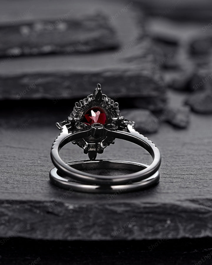 Gothic Oval Shape Rhodolite Garnet Halo Engagement Ring, Rhodium Black PeekaBoo Setting Promise Ring, Unique Half Eternity Dark Wedding Ring - ShainJewelry