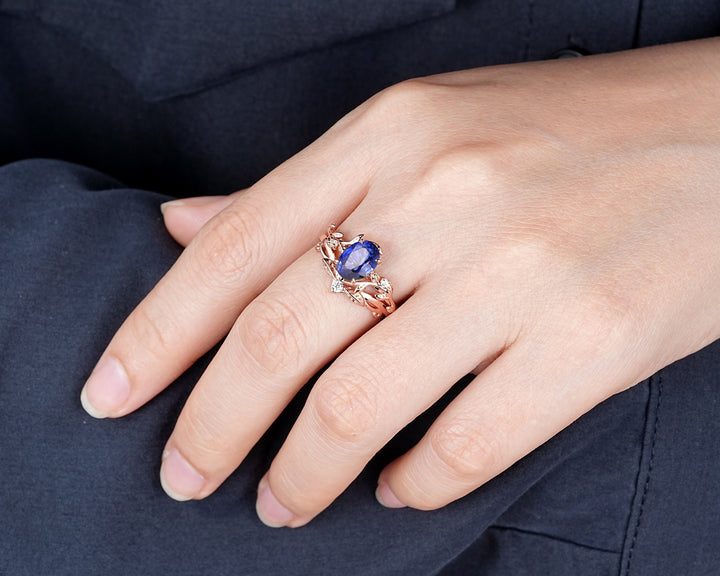 Nature Inspired Natural African Blue Sapphire Leaf Engagement Ring, Oval Shape Sapphire Twig Branch Promise Ring Rose Gold Vine Wedding Ring - ShainJewelry