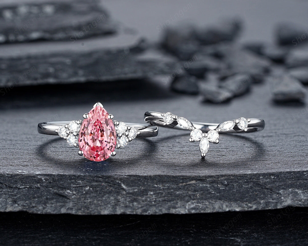 2 CT Pear Shape Padparadscha Pink Sapphire Engagement Ring Set, Unique 14K White Gold Wedding Set, Pink Stone Promise Ring Gift for Women - ShainJewelry