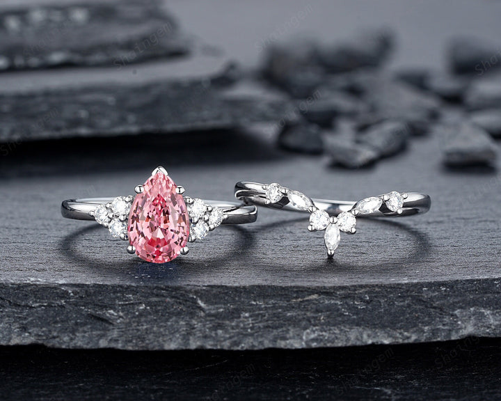 2 CT Pear Shape Padparadscha Pink Sapphire Engagement Ring Set, Unique 14K White Gold Wedding Set, Pink Stone Promise Ring Gift for Women - ShainJewelry