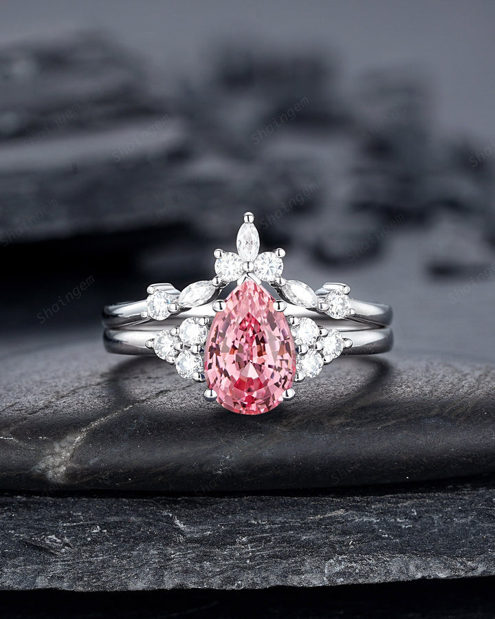 2 CT Pear Shape Padparadscha Pink Sapphire Engagement Ring Set, Unique 14K White Gold Wedding Set, Pink Stone Promise Ring Gift for Women - ShainJewelry