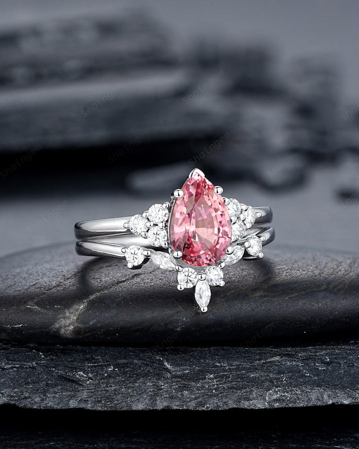2 CT Pear Shape Padparadscha Pink Sapphire Engagement Ring Set, Unique 14K White Gold Wedding Set, Pink Stone Promise Ring Gift for Women - ShainJewelry
