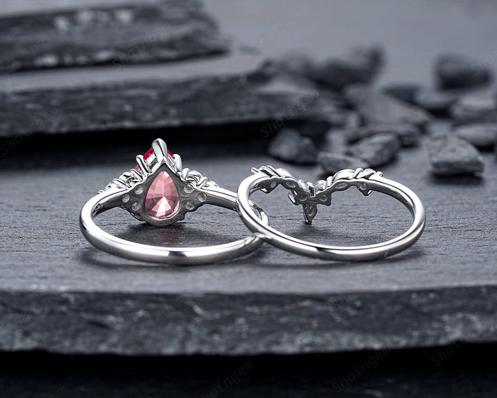 2 CT Pear Shape Padparadscha Pink Sapphire Engagement Ring Set, Unique 14K White Gold Wedding Set, Pink Stone Promise Ring Gift for Women - ShainJewelry