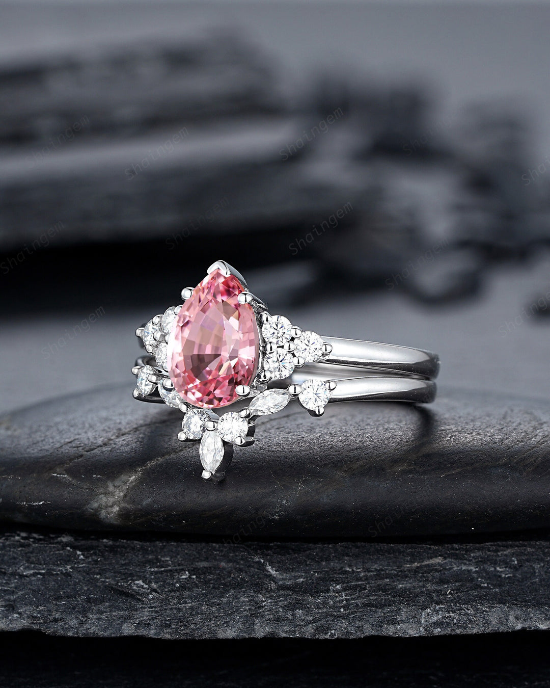 2 CT Pear Shape Padparadscha Pink Sapphire Engagement Ring Set, Unique 14K White Gold Wedding Set, Pink Stone Promise Ring Gift for Women - ShainJewelry