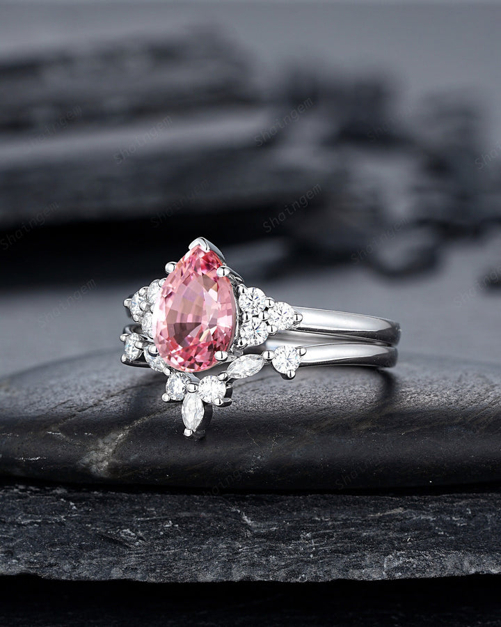 2 CT Pear Shape Padparadscha Pink Sapphire Engagement Ring Set, Unique 14K White Gold Wedding Set, Pink Stone Promise Ring Gift for Women - ShainJewelry