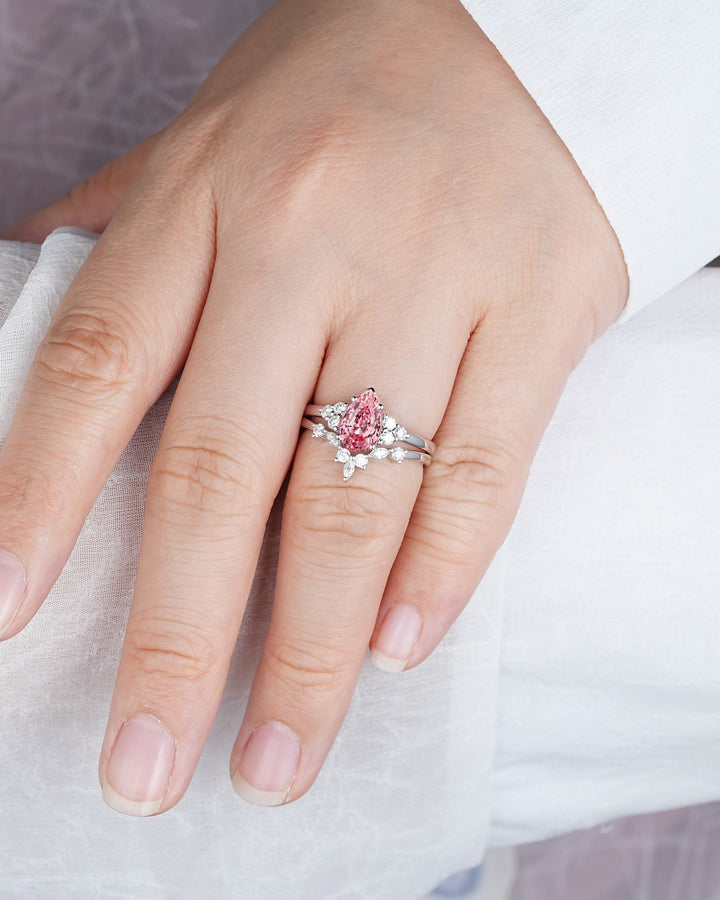2 CT Pear Shape Padparadscha Pink Sapphire Engagement Ring Set, Unique 14K White Gold Wedding Set, Pink Stone Promise Ring Gift for Women - ShainJewelry