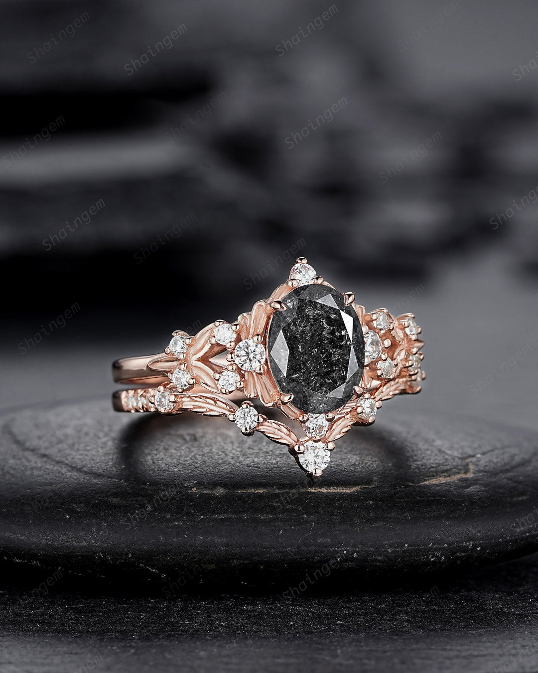 Nature Inspired Salt and Pepper Diamond Leaf Engagement Ring, Oval Shape Gray Diamond Twig Branch Promise Ring, Rose Gold Vine Wedding Ring - ShainJewelry