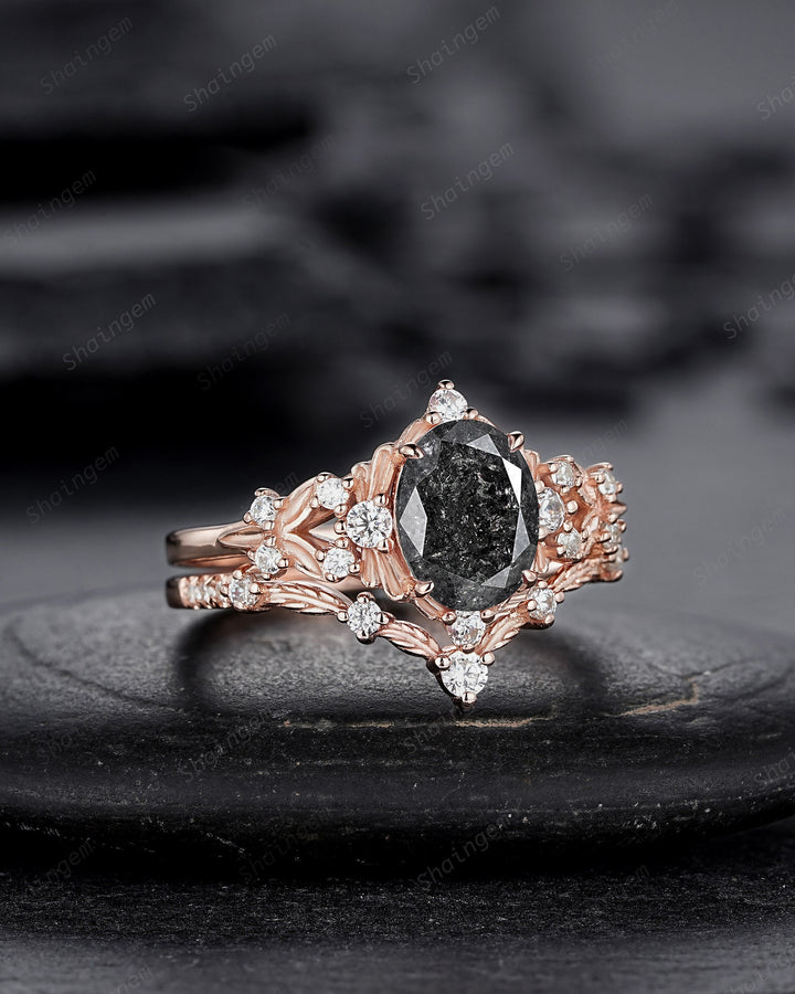 Nature Inspired Salt and Pepper Diamond Leaf Engagement Ring, Oval Shape Gray Diamond Twig Branch Promise Ring, Rose Gold Vine Wedding Ring - ShainJewelry