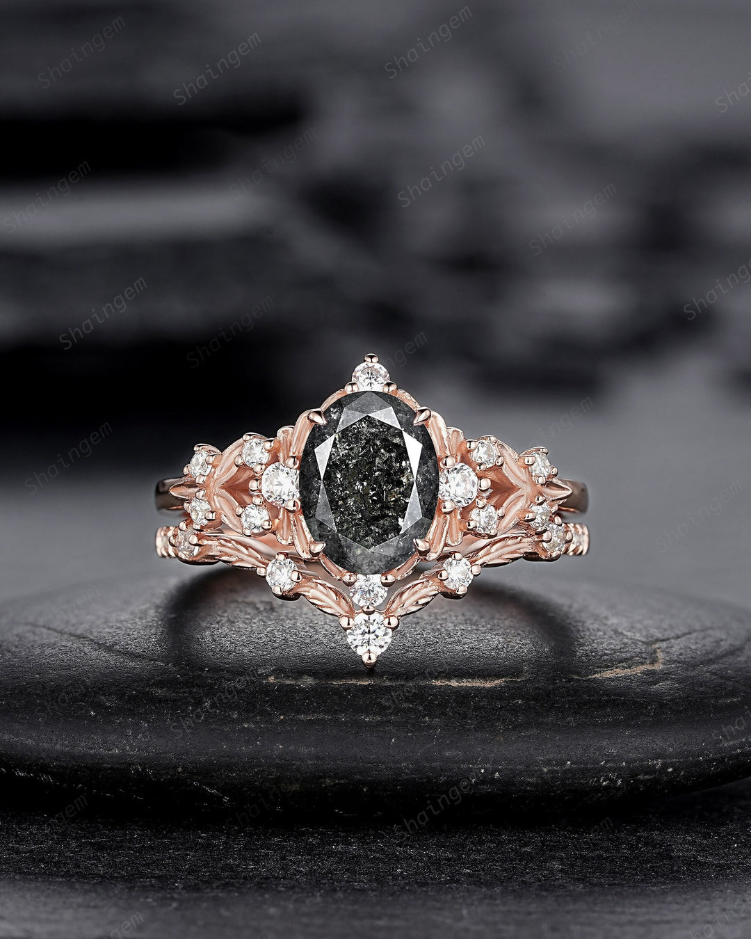 Nature Inspired Salt and Pepper Diamond Leaf Engagement Ring, Oval Shape Gray Diamond Twig Branch Promise Ring, Rose Gold Vine Wedding Ring - ShainJewelry