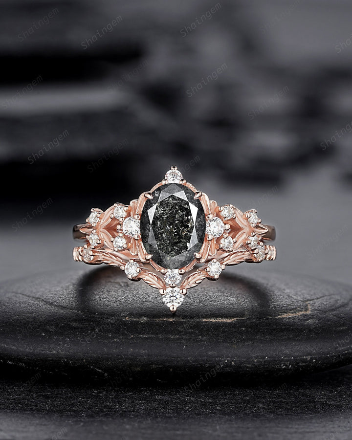 Nature Inspired Salt and Pepper Diamond Leaf Engagement Ring, Oval Shape Gray Diamond Twig Branch Promise Ring, Rose Gold Vine Wedding Ring - ShainJewelry