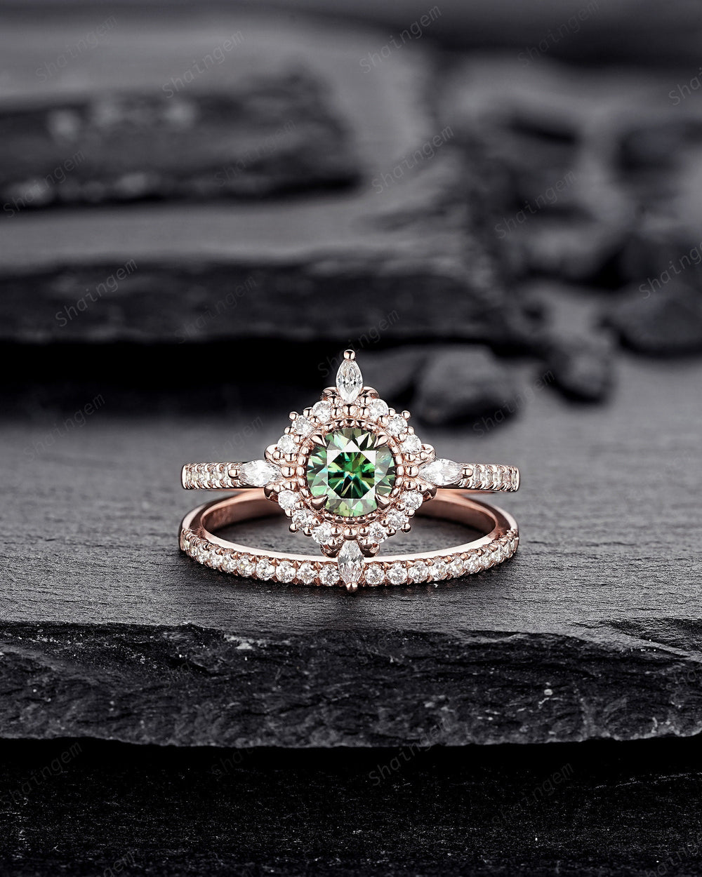 Vintage Mint Green Moissanite and Halo Diamond Engagement Ring, Round Cut Moissanite Rose Gold Floral Promise Ring Set, PeekaBoo Setting - ShainJewelry