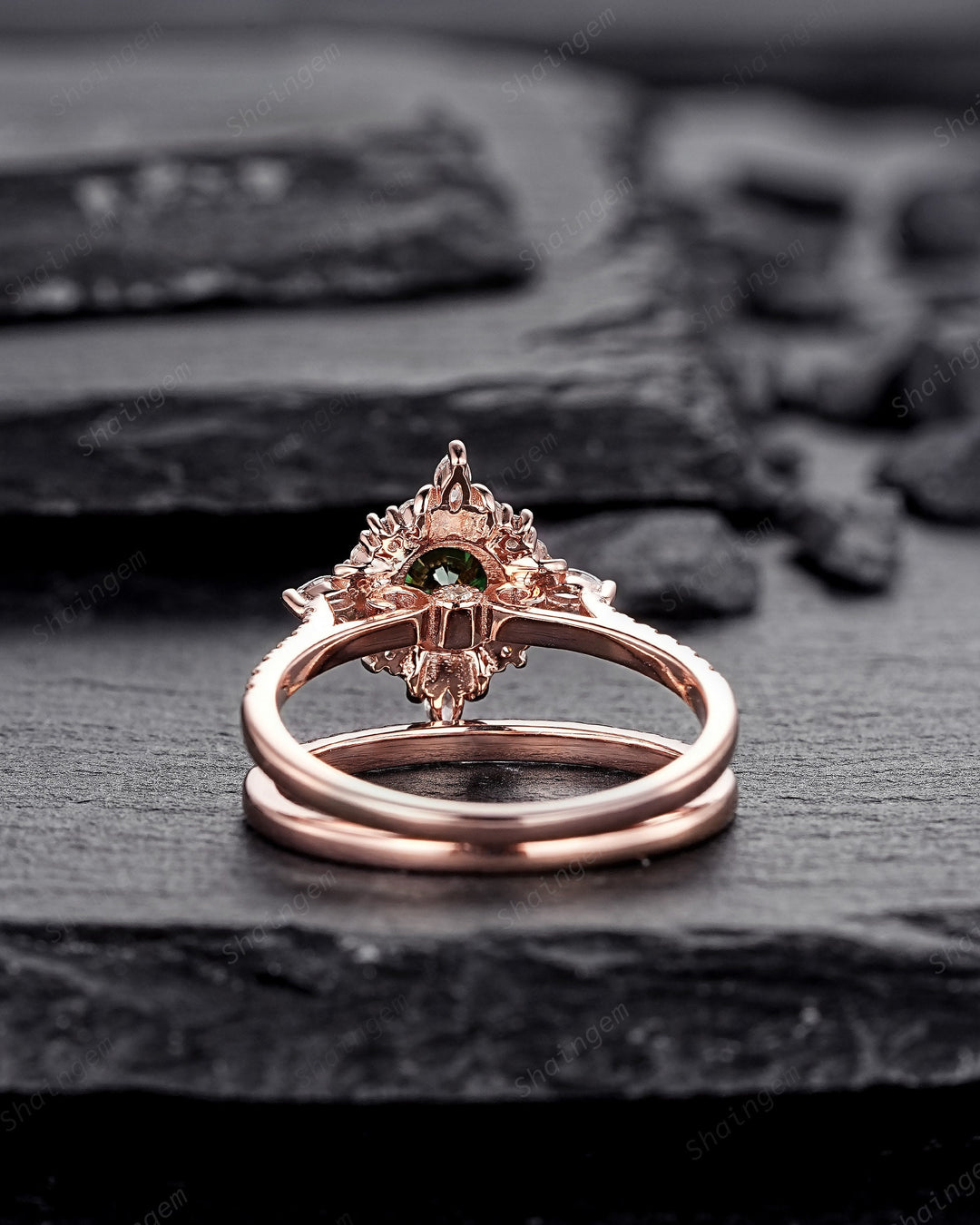 Vintage Mint Green Moissanite and Halo Diamond Engagement Ring, Round Cut Moissanite Rose Gold Floral Promise Ring Set, PeekaBoo Setting - ShainJewelry