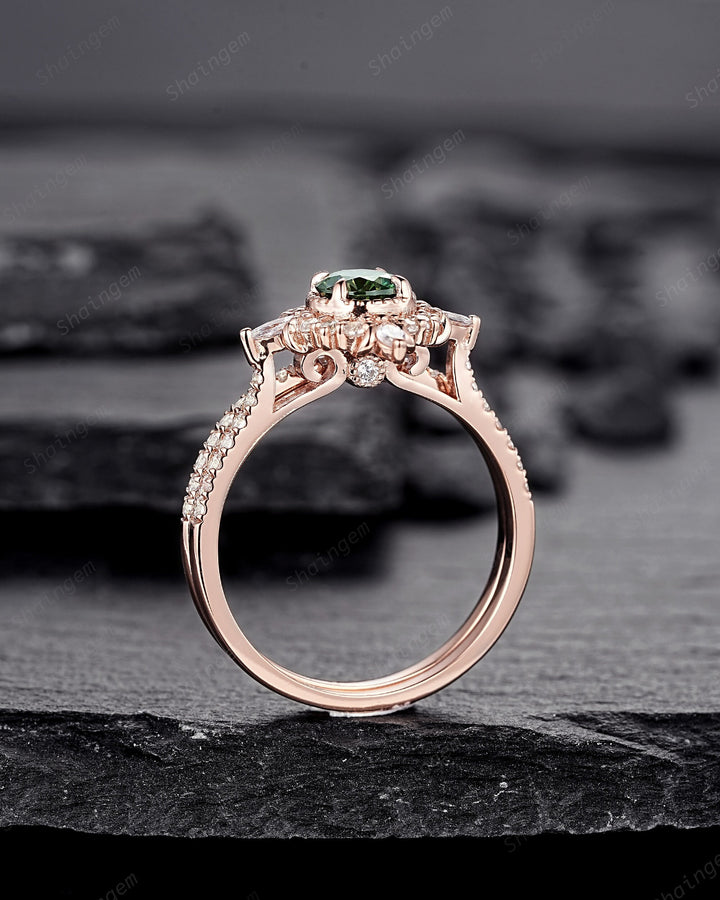 Vintage Mint Green Moissanite and Halo Diamond Engagement Ring, Round Cut Moissanite Rose Gold Floral Promise Ring Set, PeekaBoo Setting - ShainJewelry