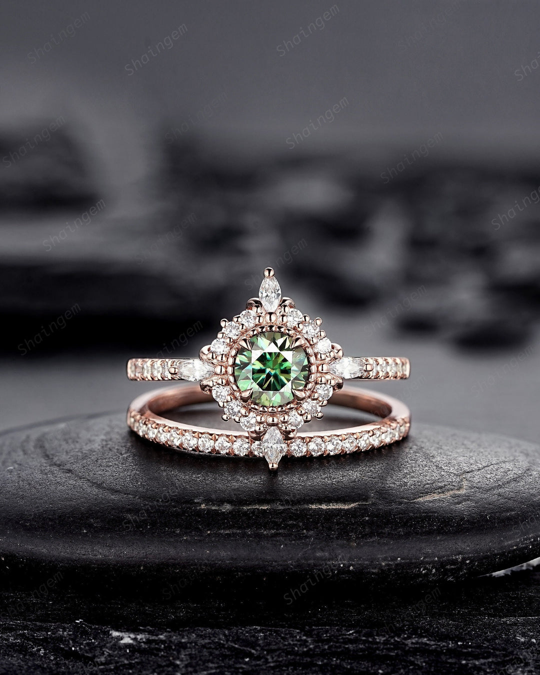 Vintage Mint Green Moissanite and Halo Diamond Engagement Ring, Round Cut Moissanite Rose Gold Floral Promise Ring Set, PeekaBoo Setting - ShainJewelry