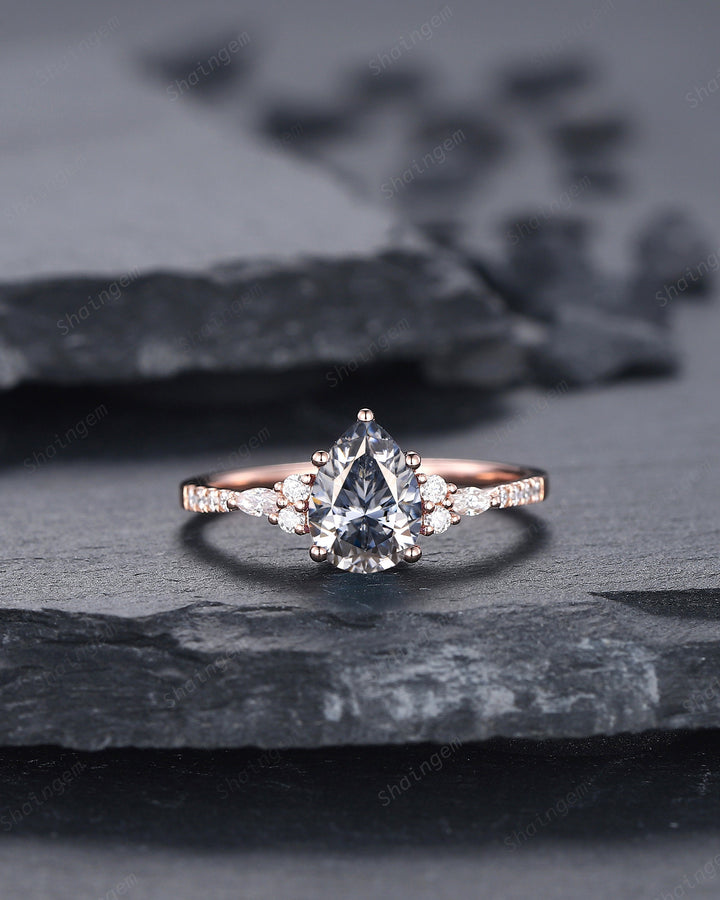 Vintage Pear Shape Gray Moissanite Cluster Engagement Ring Set, Unique Grey Moissanite Promise Ring, 14K Rose Gold Wedding Set for Women - ShainJewelry