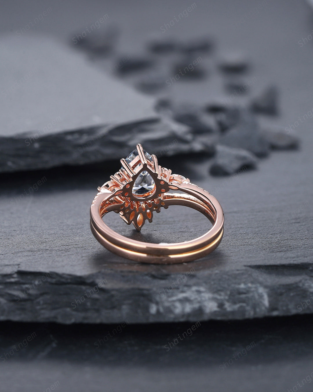 Vintage Pear Shape Gray Moissanite Cluster Engagement Ring Set, Unique Grey Moissanite Promise Ring, 14K Rose Gold Wedding Set for Women - ShainJewelry