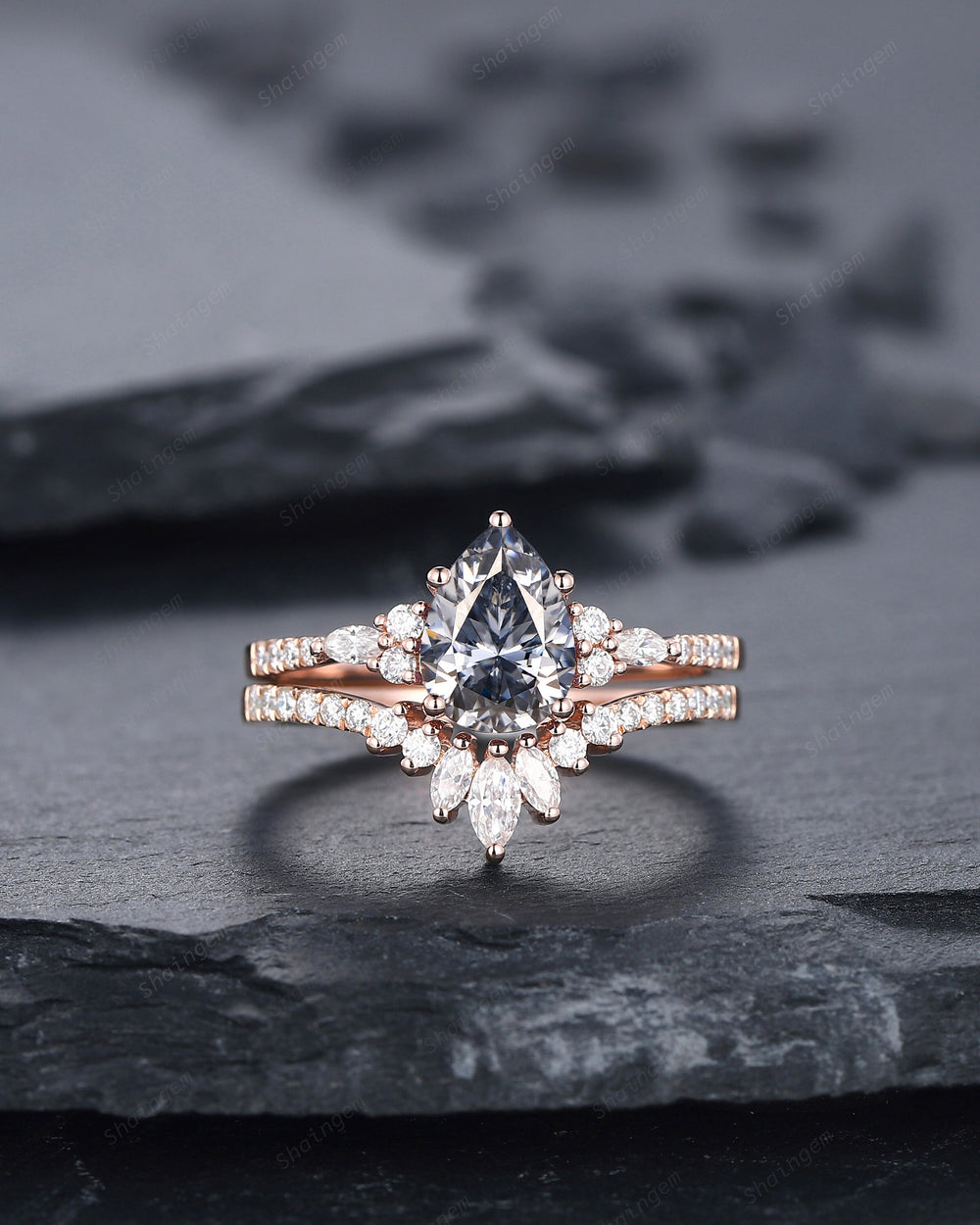 Vintage Pear Shape Gray Moissanite Cluster Engagement Ring Set, Unique Grey Moissanite Promise Ring, 14K Rose Gold Wedding Set for Women - ShainJewelry
