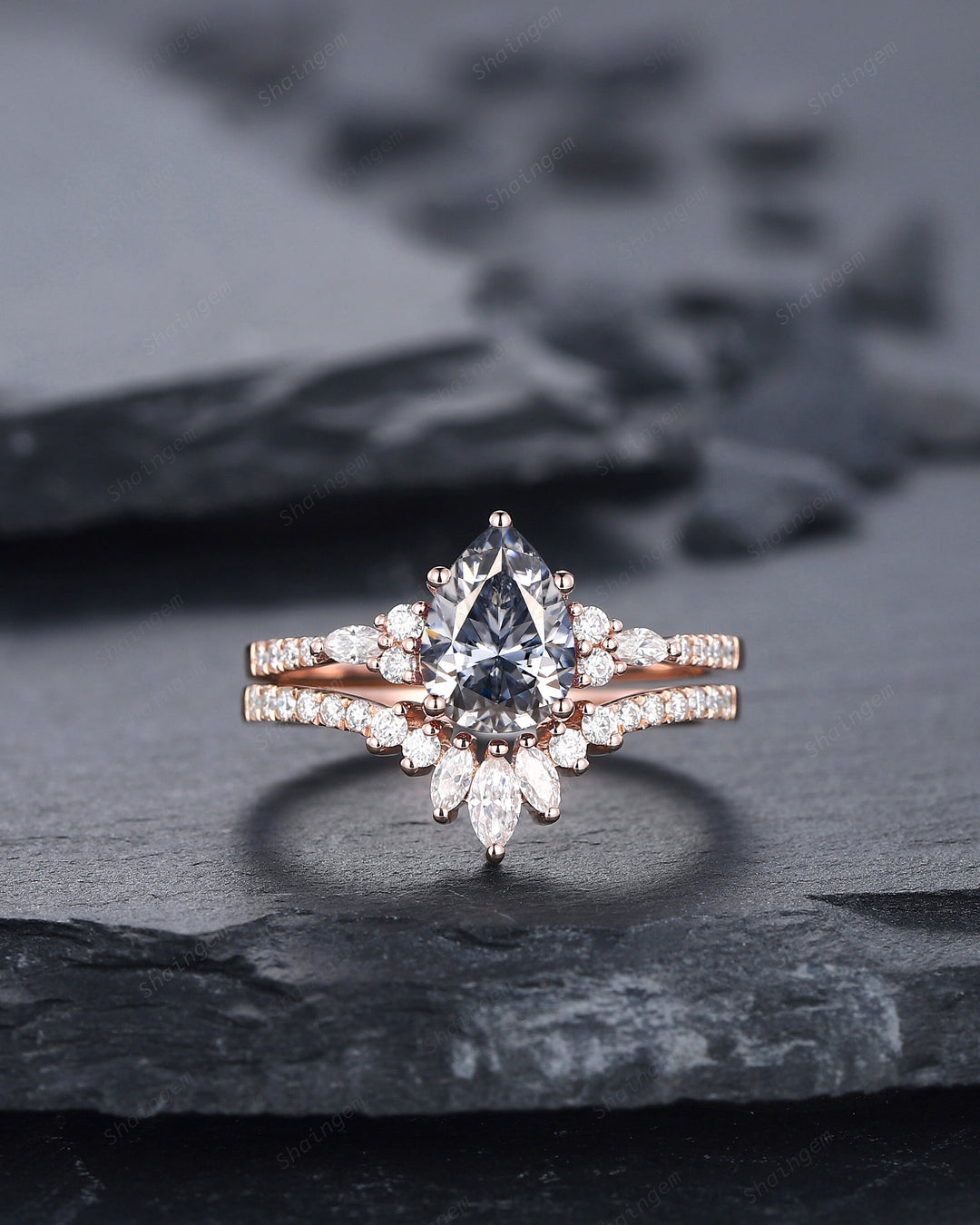Vintage Pear Shape Gray Moissanite Cluster Engagement Ring Set, Unique Grey Moissanite Promise Ring, 14K Rose Gold Wedding Set for Women - ShainJewelry