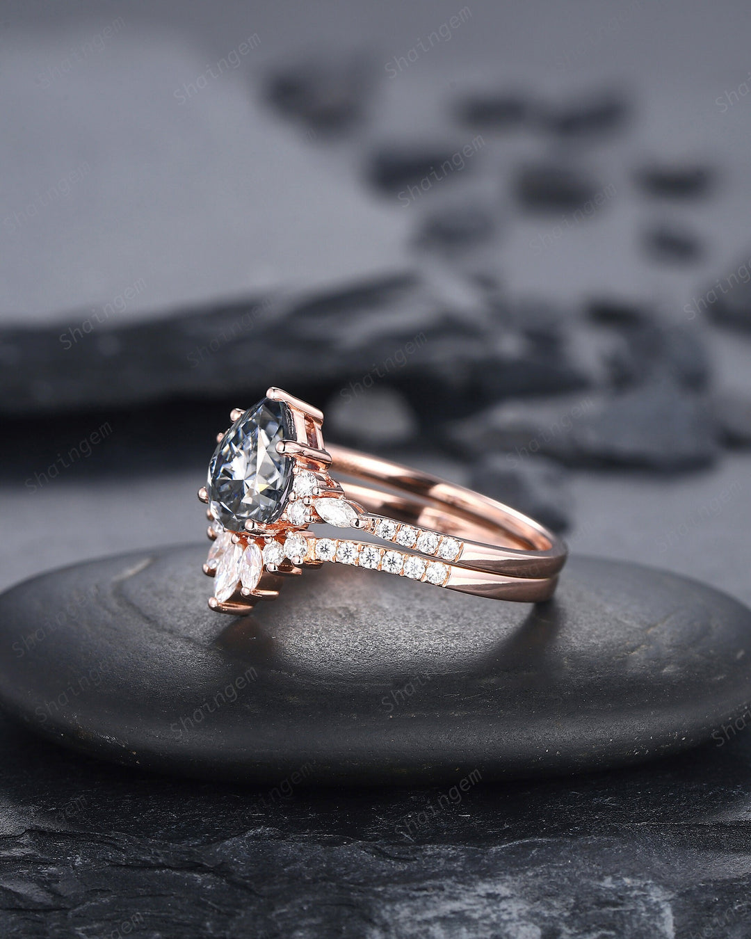 Vintage Pear Shape Gray Moissanite Cluster Engagement Ring Set, Unique Grey Moissanite Promise Ring, 14K Rose Gold Wedding Set for Women - ShainJewelry