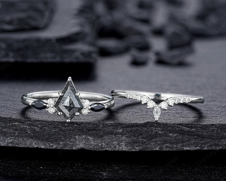 Platinum Natural Salt and Pepper Diamond Engagement Ring Set, 18K White Gold Kite Cut Black Diamond Promise Ring, Gray Diamond Wedding Ring - ShainJewelry