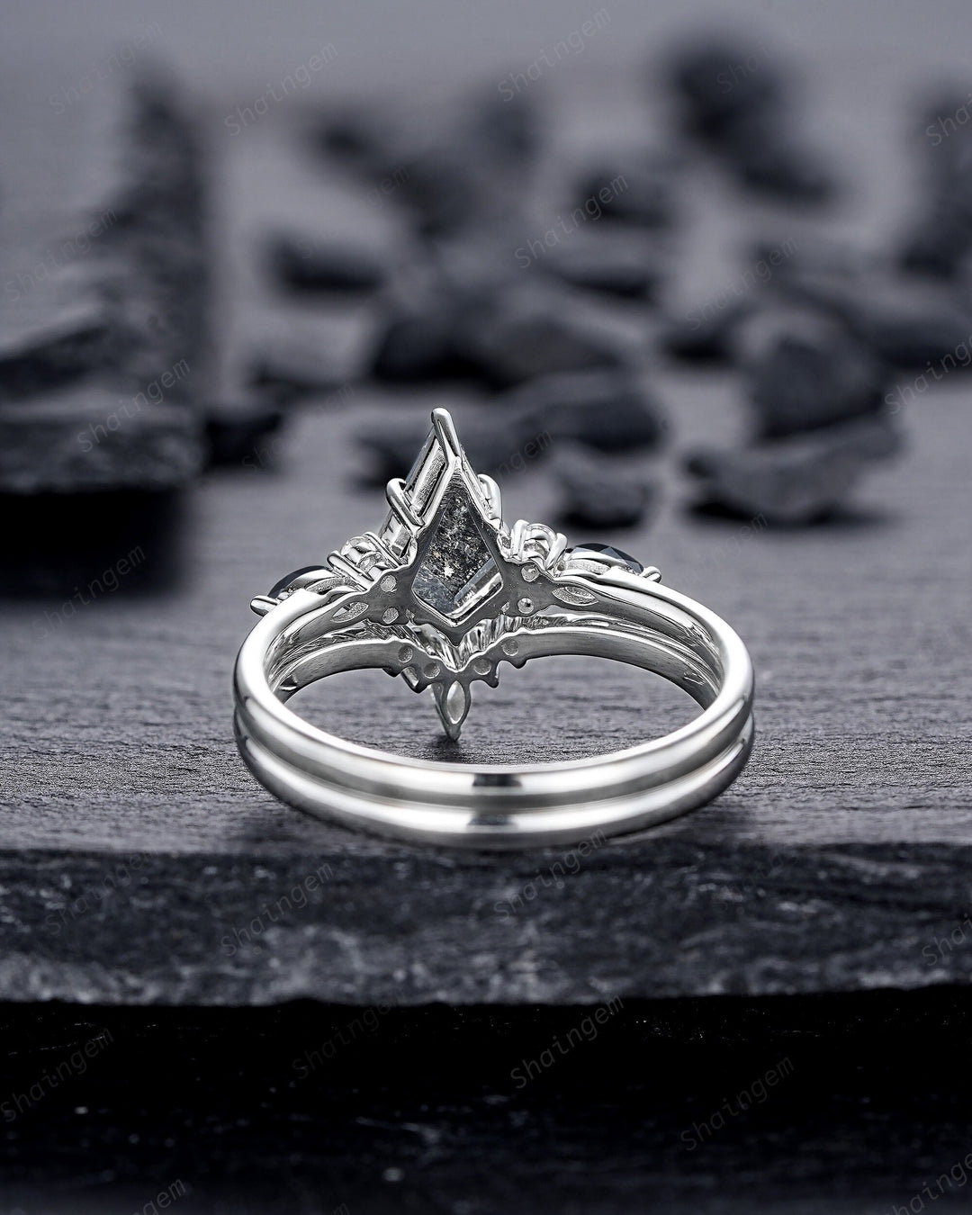 Platinum Natural Salt and Pepper Diamond Engagement Ring Set, 18K White Gold Kite Cut Black Diamond Promise Ring, Gray Diamond Wedding Ring - ShainJewelry