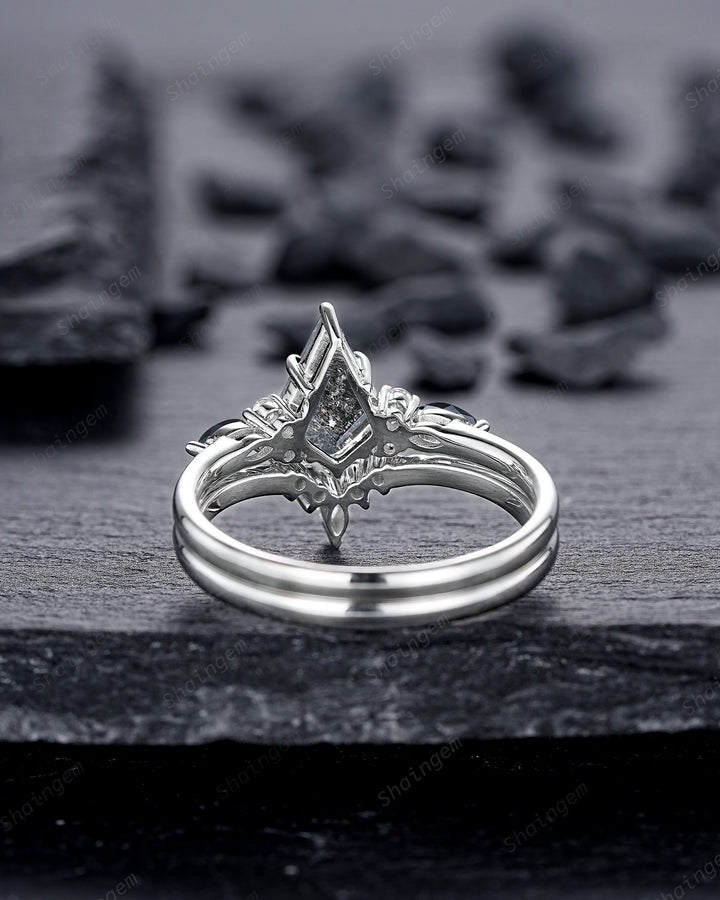 Platinum Natural Salt and Pepper Diamond Engagement Ring Set, 18K White Gold Kite Cut Black Diamond Promise Ring, Gray Diamond Wedding Ring - ShainJewelry